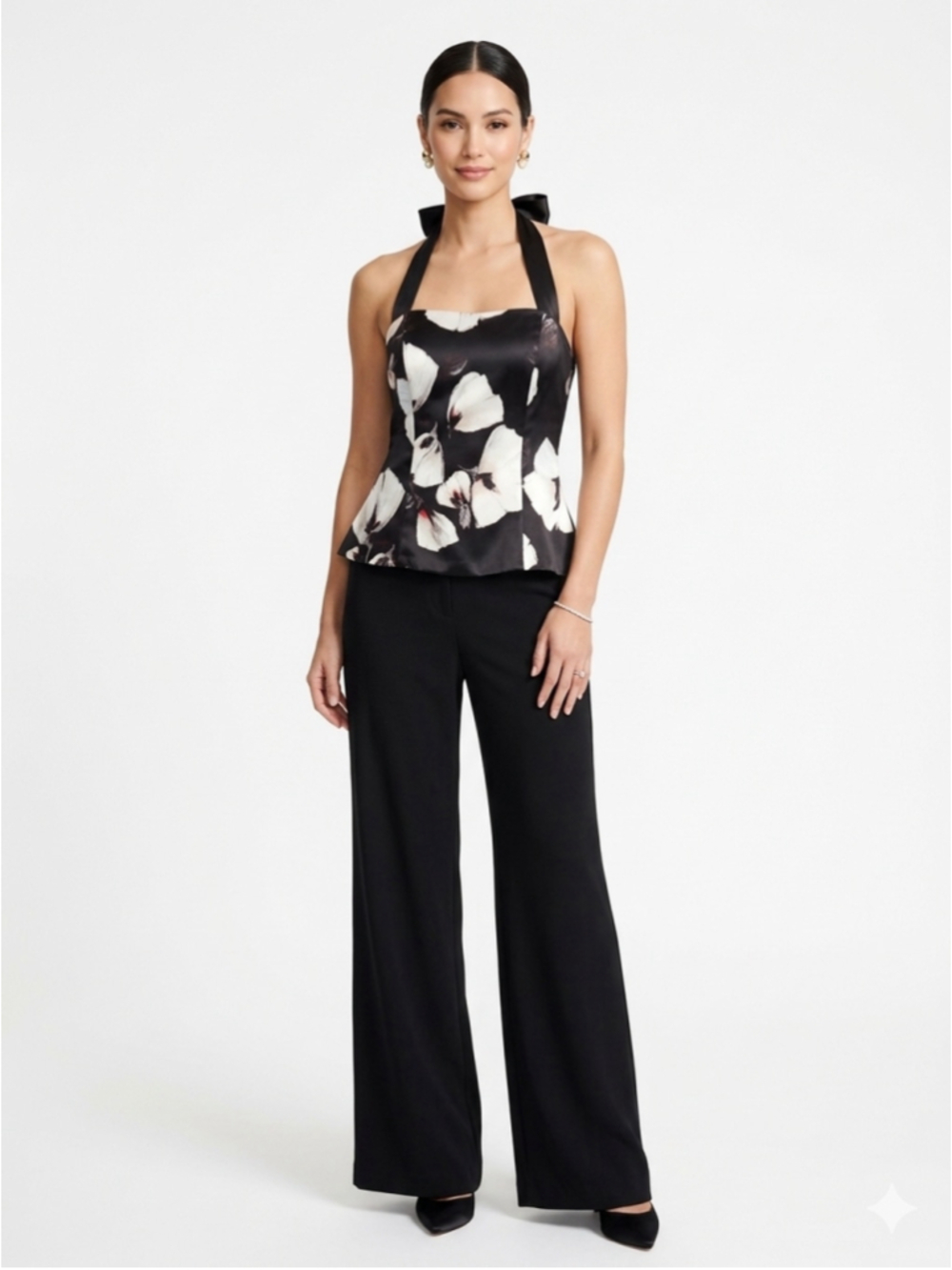 White House Black Market 100% Silk Floral Halter Corset Bustier Top Black Size 8